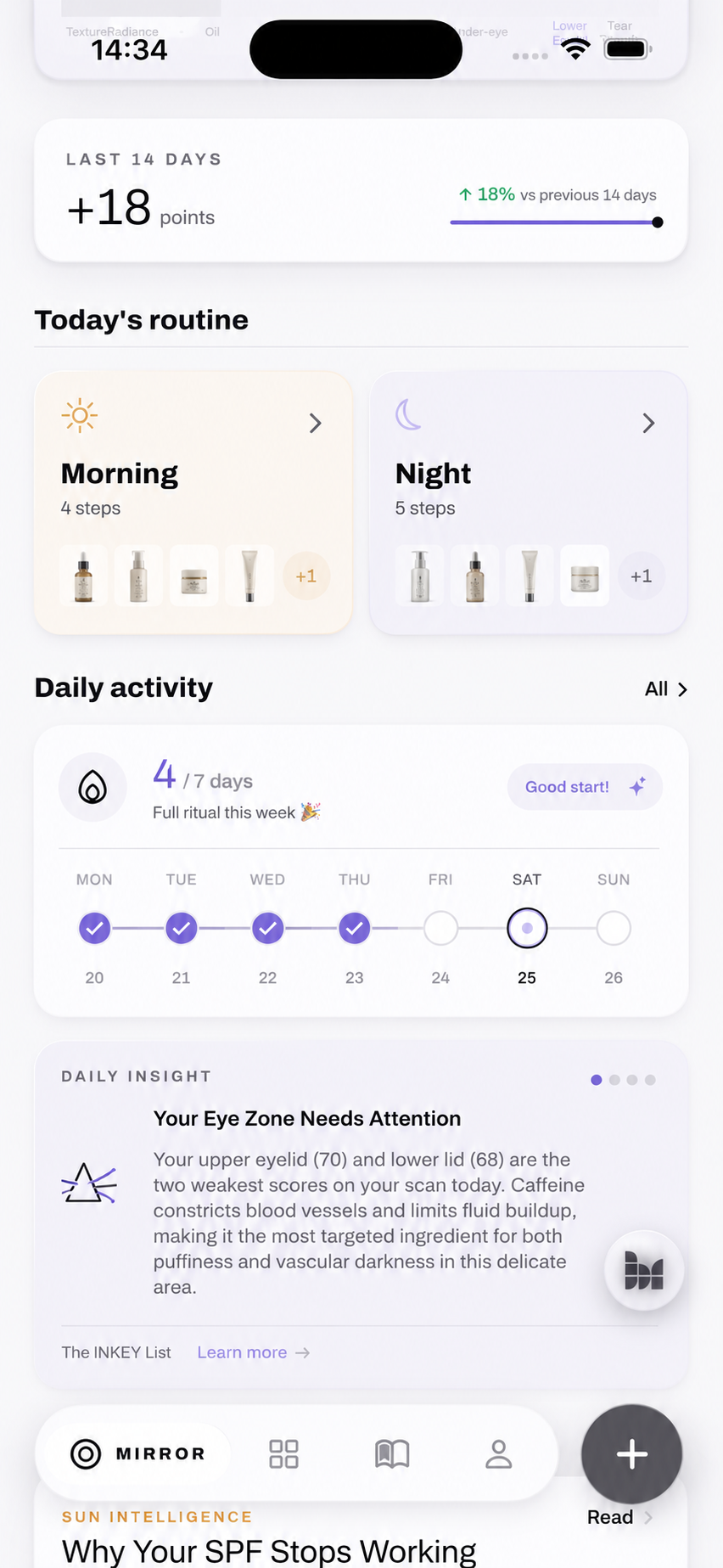 Beauty Mind's daily routine, activity and personalised insight screen