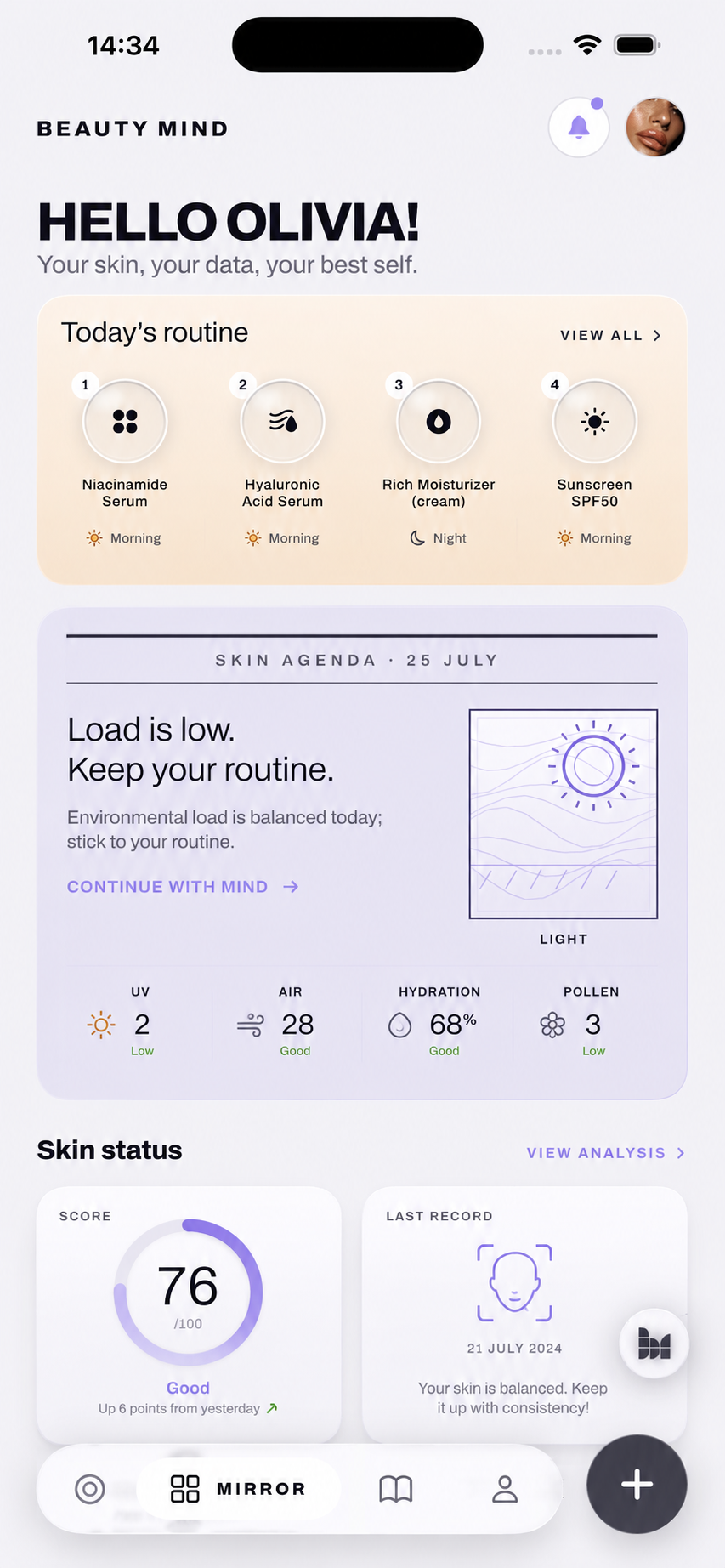 Beauty Mind app — Home: today's routine, the skin agenda with environmental signals and the current skin status
