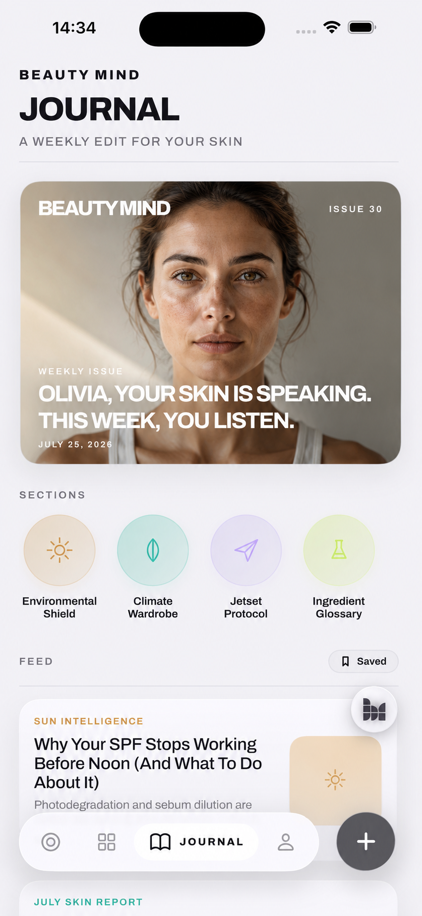 Beauty Mind's personalised weekly skincare journal screen