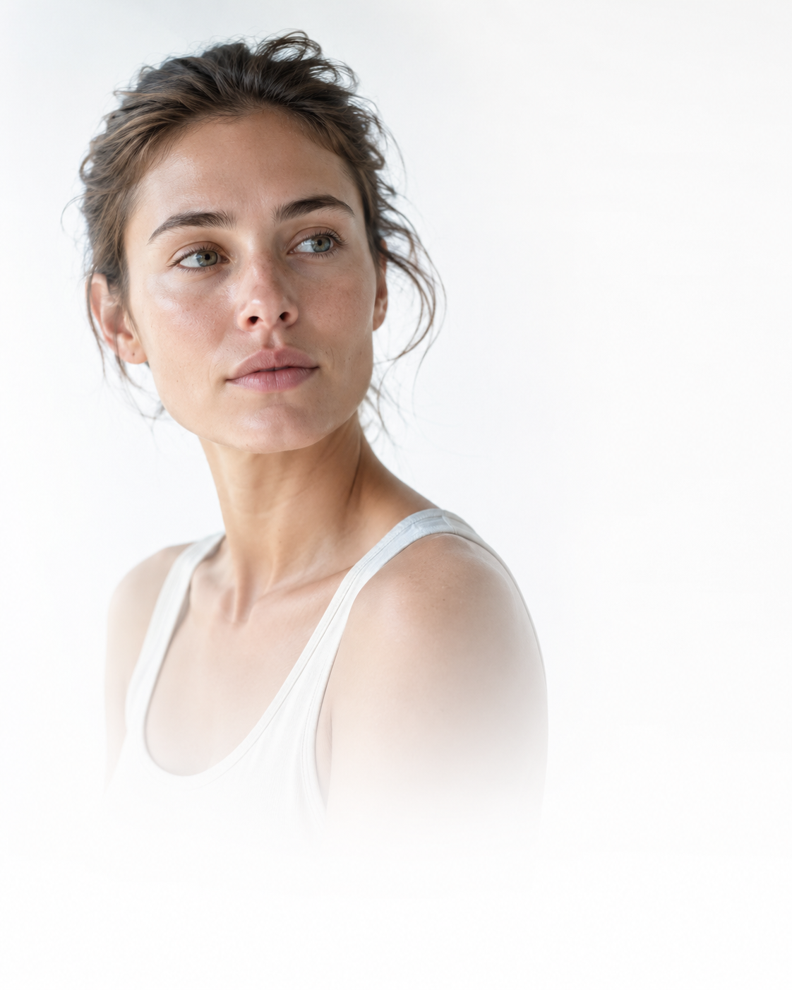 Editorial model — subtle natural movement, pure white environment